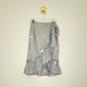 Dance & Marvel Midi Skirt Medium Black White Stripe Floral Ruffle Embroidered